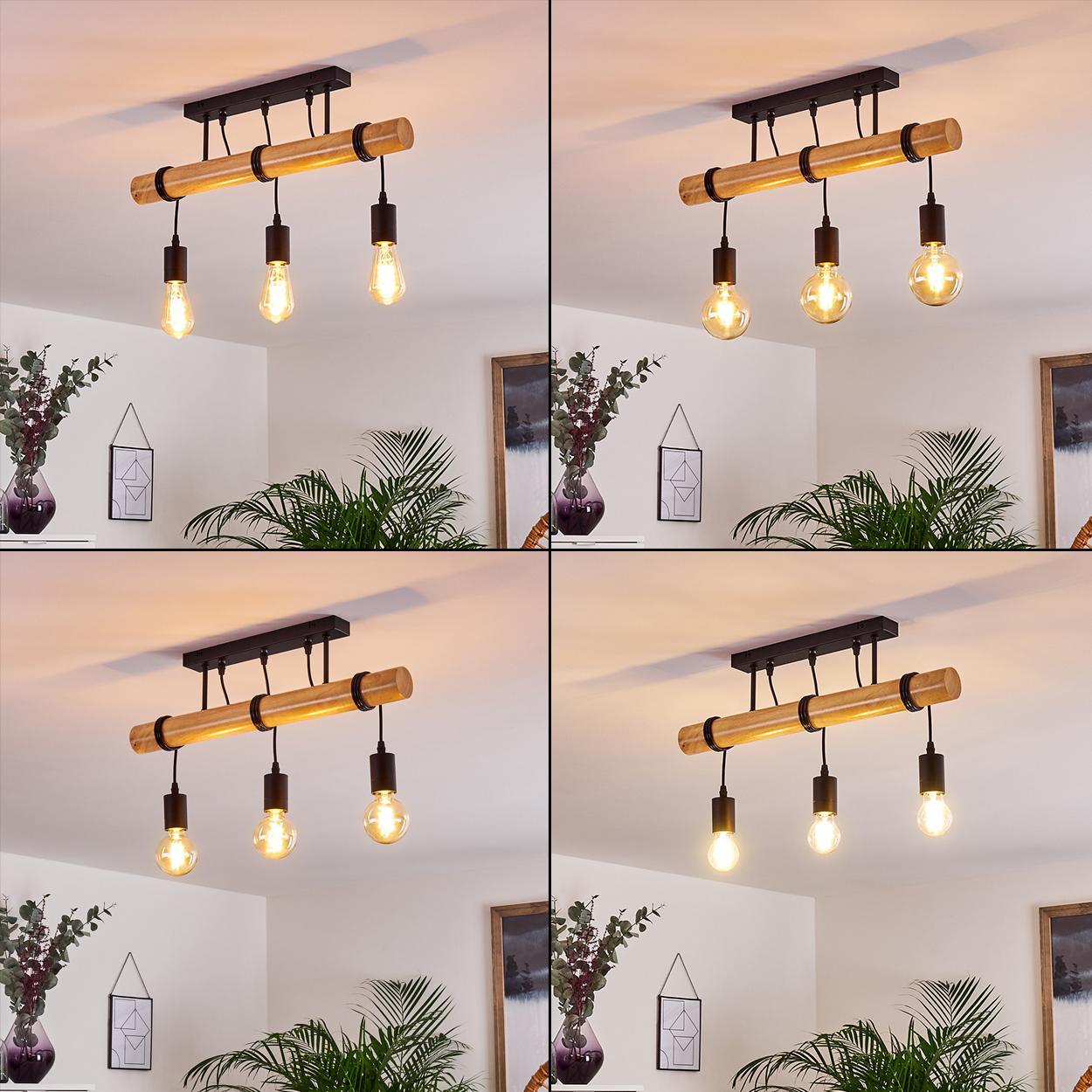 Eine Deckenleuchte mit drei Glühbirnen. Die Leuchte ist aus Holz mit schwarzen Metallakzenten. Pflanzen und ein gerahmtes Kunstwerk sind ebenfalls sichtbar.