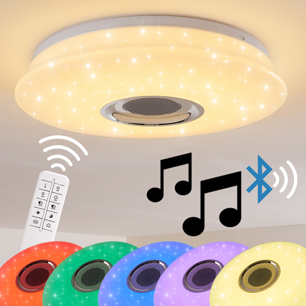 Eine Deckenleuchte mit Lautsprecher, Fernbedienung und Farbwechseloptionen. Noten und Bluetooth-Symbol werden angezeigt. Es gibt verschiedene Lichter mit unterschiedlichen Farben.