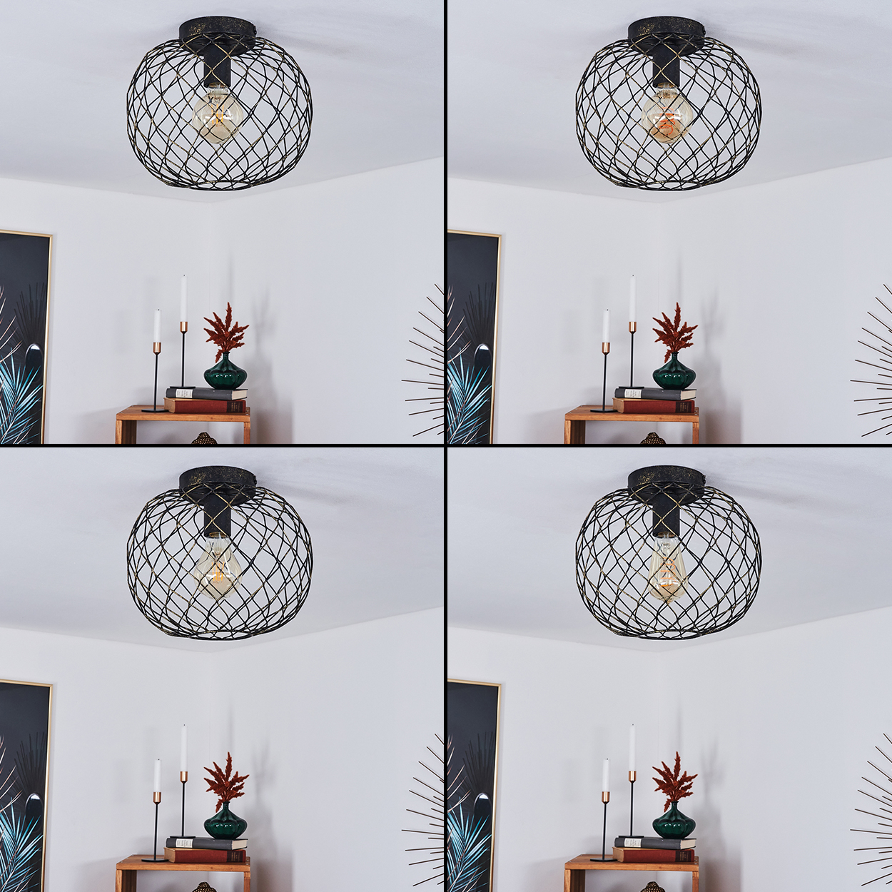 Eine schwarze Deckenleuchte aus Metallgeflecht mit sichtbarer Glühbirne. Darunter ein kleiner Holztisch mit Dekoration, Kerzen und Büchern, mit Kunst an der Wand.