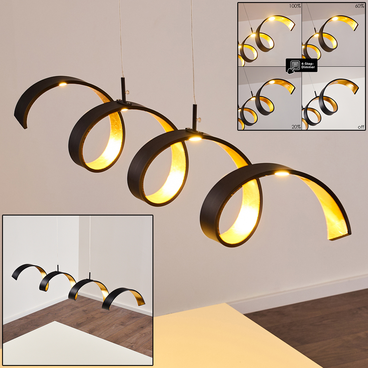 Eine moderne, schwarz-goldene Spirallampen-Pendelleuchte hängt von der Decke, mit verschiedenen Dimmoptionen in einer Ecke.