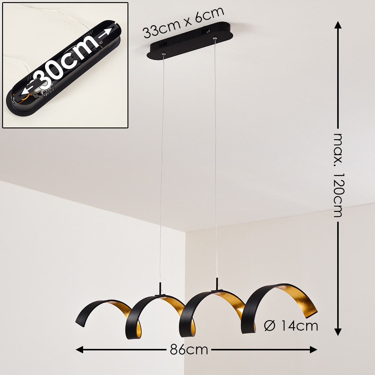 Schwarze und goldene Deckenlampe mit drei geschwungenen Elementen. Enthält ein 30 cm großes Detailbild und Maßangaben.
