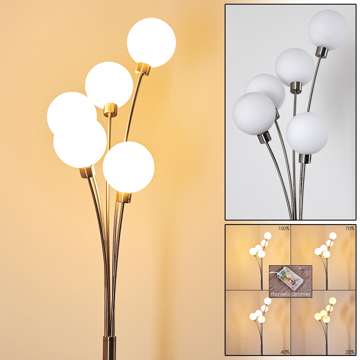 Eine Stehlampe mit mehreren weißen Kugelleuchten. Sie hat einen goldenen Stiel und Sockel. Dimmschalter zeigt Helligkeitsstufen.