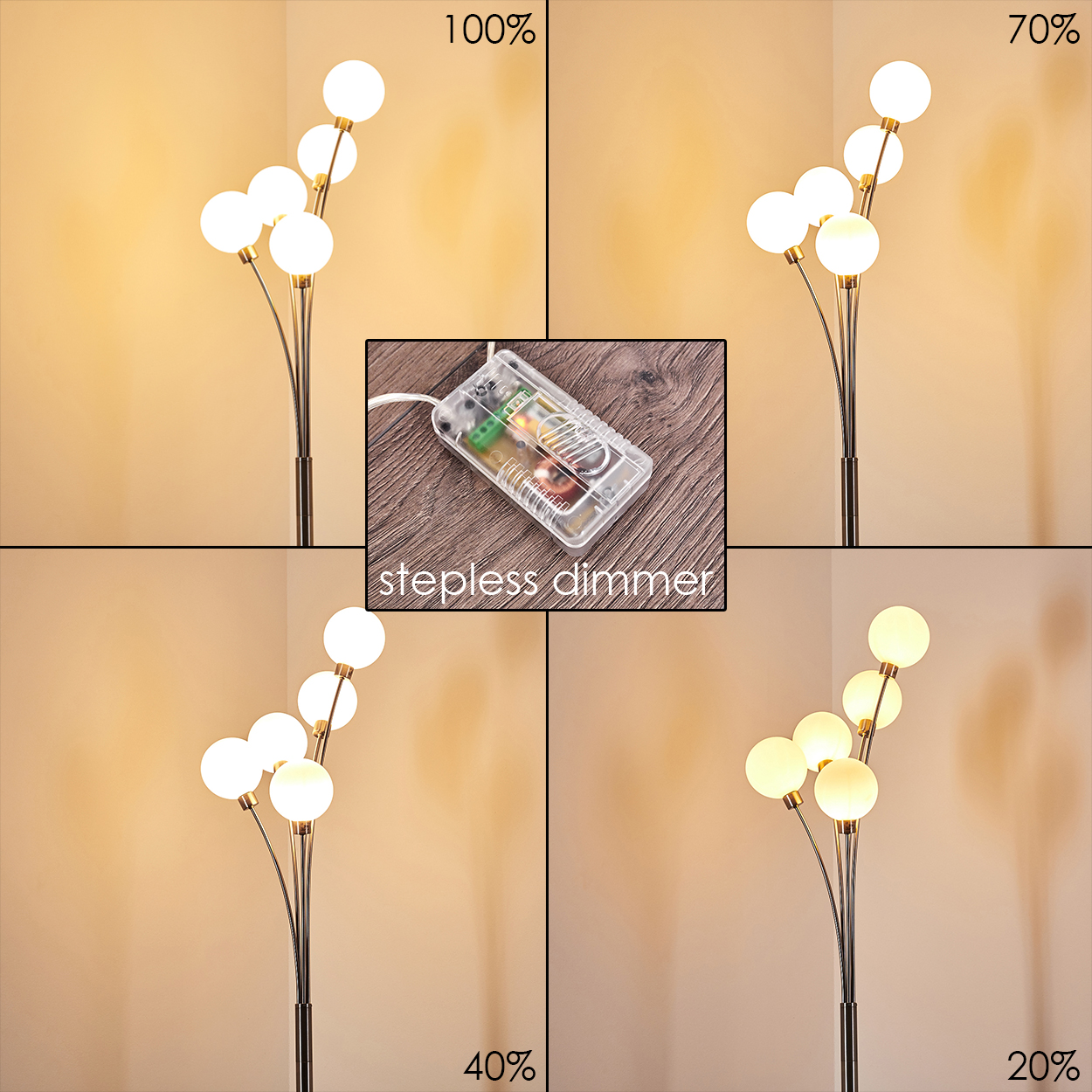 Eine Stehlampe mit weißen Kugelleuchten, die von 100 % auf 20 % gedimmt werden kann. In der Mitte befindet sich ein stufenloser Dimmer.
