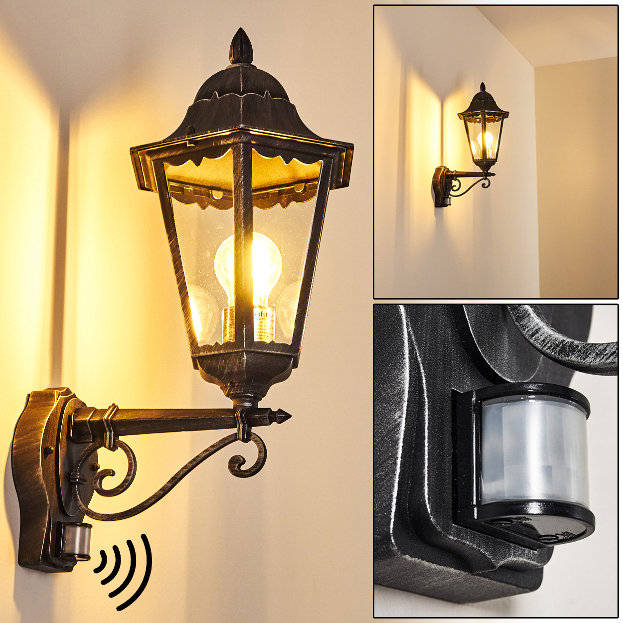 Eine an der Wand montierte Außenlampe mit Sensor. Die Lampe ist schwarz, hat ein Glashaus und eine leuchtende Glühbirne. Die Wand ist beige.