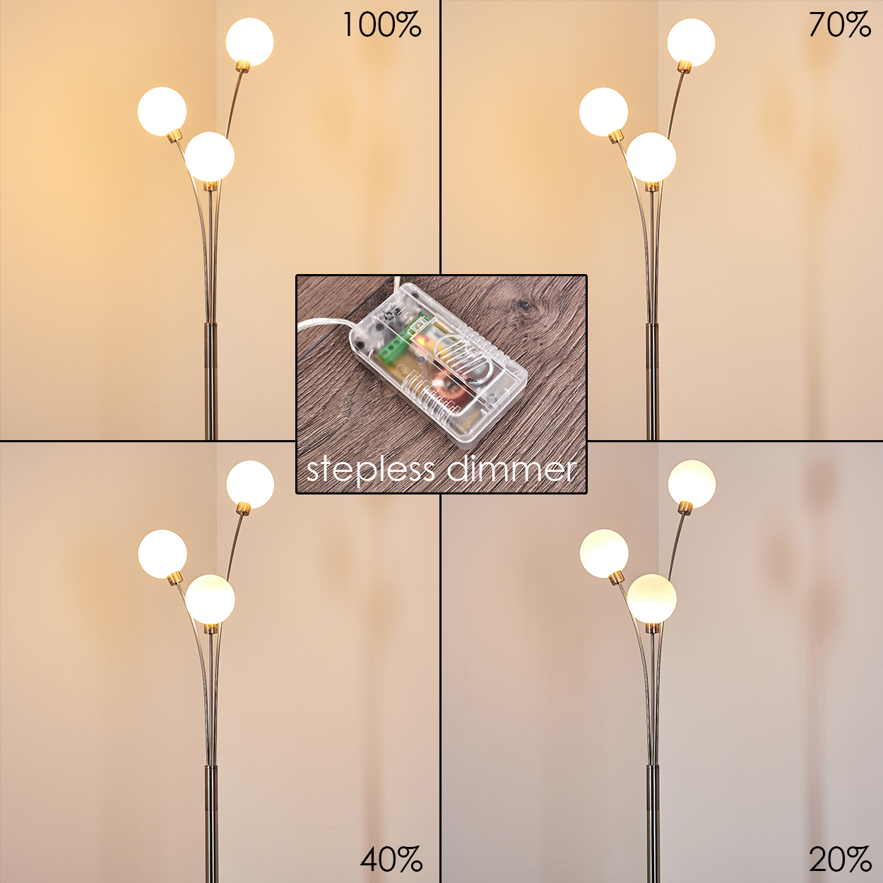 Eine Stehlampe mit drei Kugelleuchten wird in vier verschiedenen Dimmstufen (100 %, 70 %, 40 %, 20 %) dargestellt. Ein Dimmer ist in der Mitte.