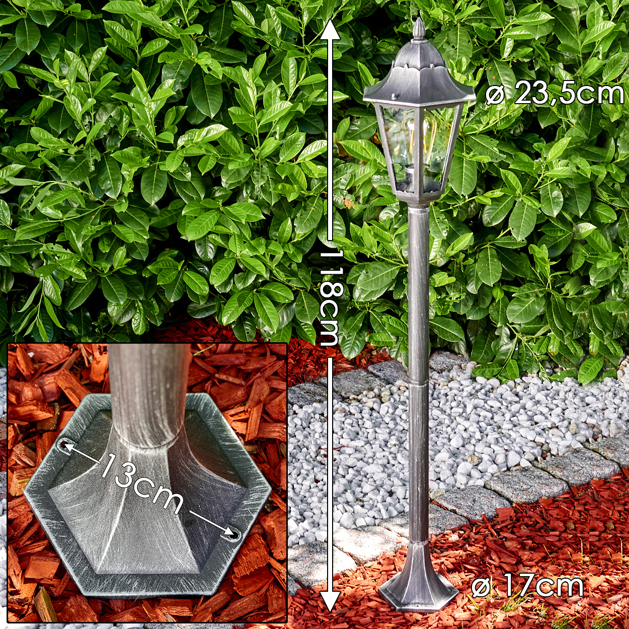 Eine Metall-Gartenlampe mit grünem Heckenhintergrund. Die Maße sind angegeben: 118 cm hoch, 23,5 cm Durchmesser, 17 cm Sockel und 13 cm Sockel.