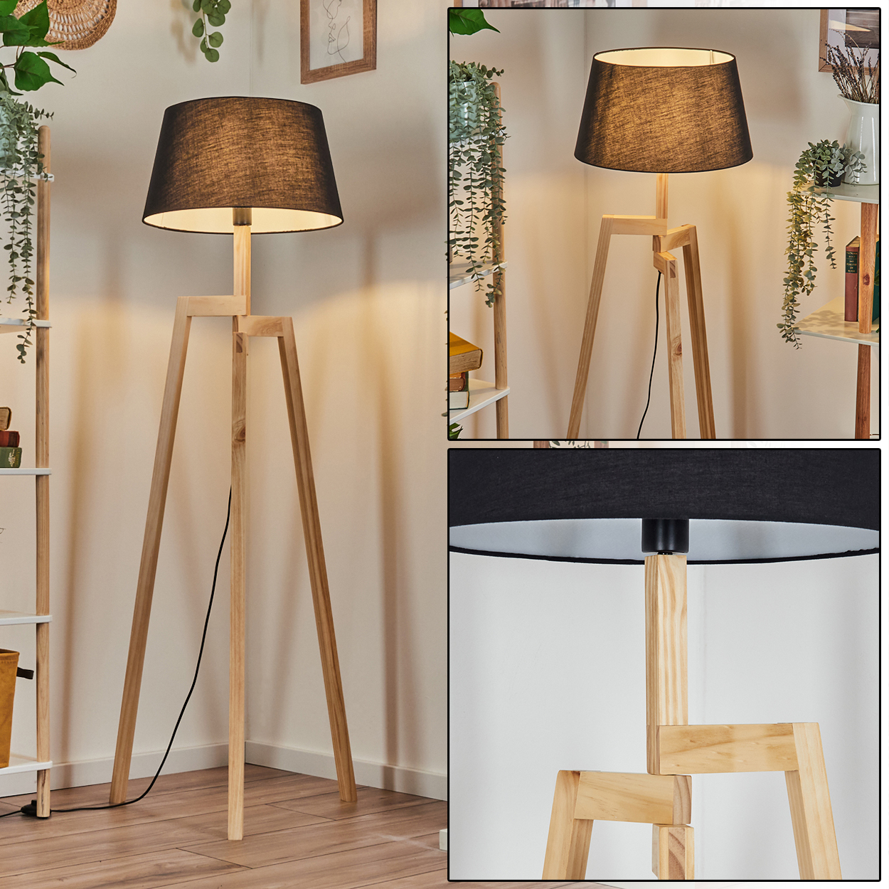 Eine hölzerne Stativ-Stehlampe mit schwarzem Schirm. Die Lampe steht auf einem Holzboden in einem Raum mit weißen Wänden und Regalen.