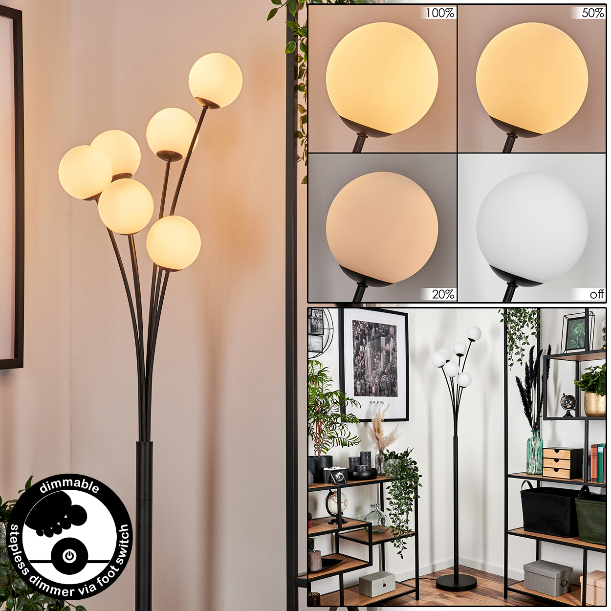 Eine schwarze Stehlampe mit sechs weißen Kugelleuchten. Die Lampe steht neben einem Regal mit Dekoration. Rechts gibt es auch verschiedene Helligkeitseinstellungen.
