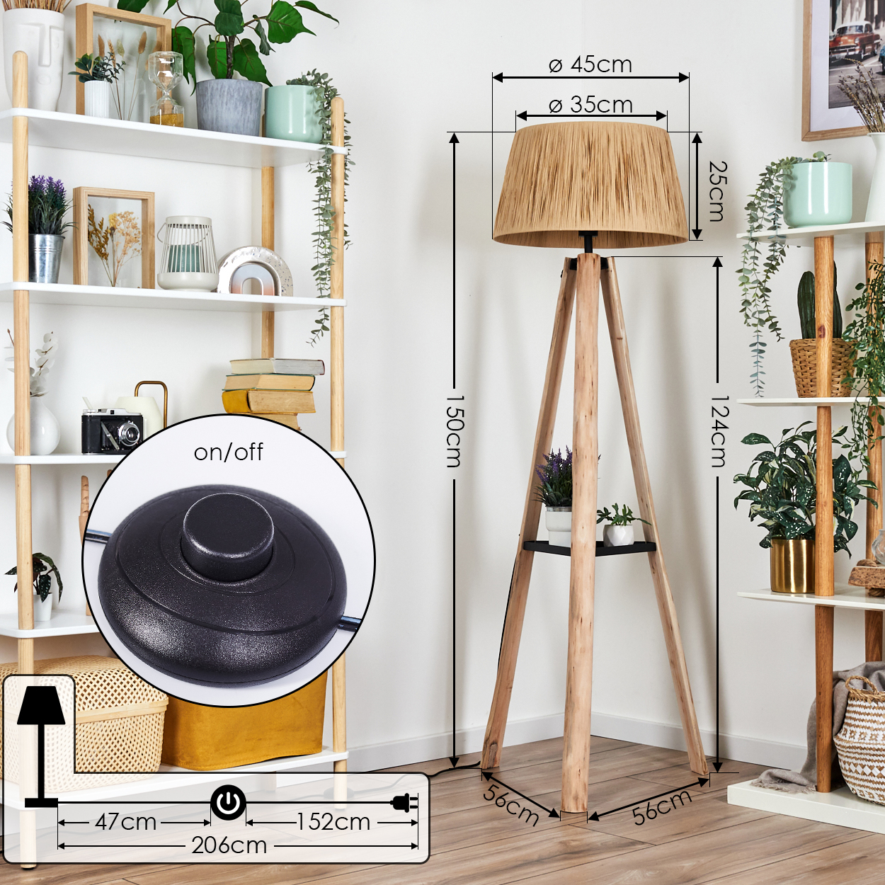 Eine hohe Stehlampe aus Holz mit gewebtem Lampenschirm steht neben Regalen mit Pflanzen. Ein Fußschalter ist abgebildet.