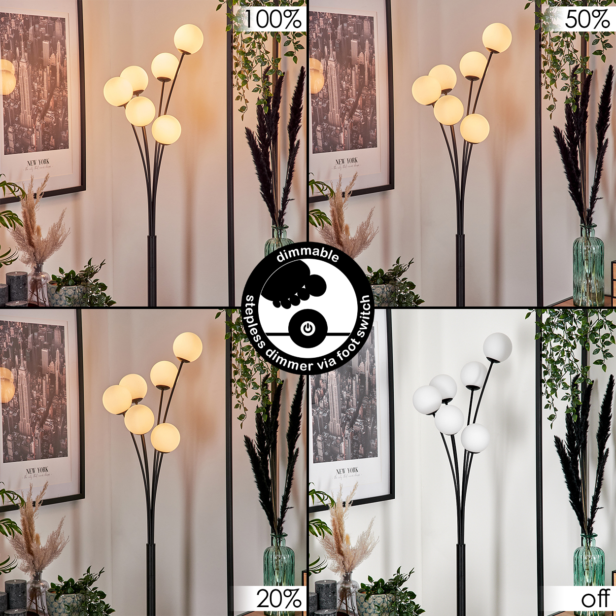 Eine Stehlampe mit runden Lichtern, einem schwarzen Ständer und einer Dimmfunktion. Es gibt Vasen mit Pflanzen und gerahmten New York-Bildern.