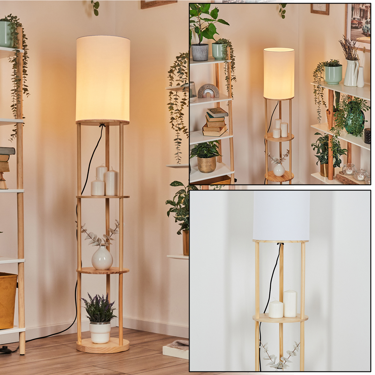 Eine Stehlampe aus Holz mit Regalen. Weißer Lampenschirm, Kerzen und Pflanzen auf den Regalen. Weitere Regale mit Pflanzen an den Seiten.