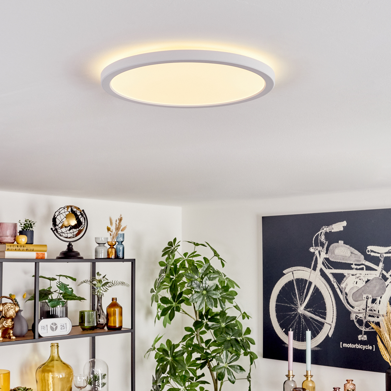 Ein modernes Wohnzimmer mit runder Deckenleuchte. Regale mit Dekoration und Pflanzen sowie ein schwarz-weißes Motorradkunstwerk.