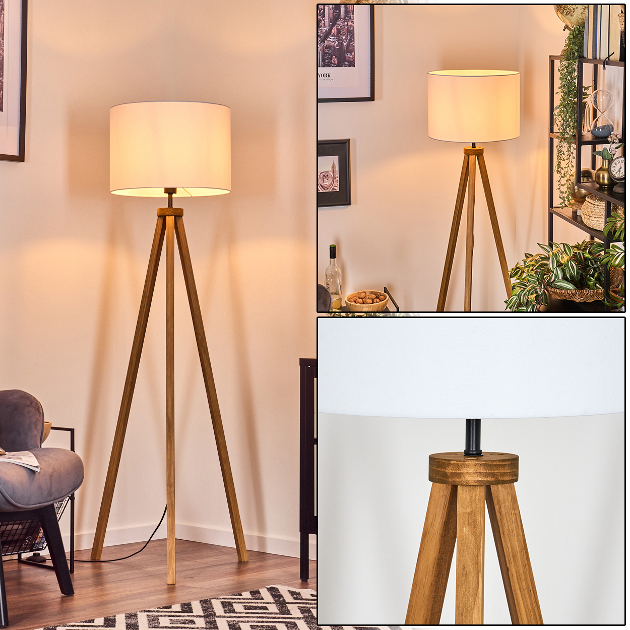 Eine Stehlampe aus Holz mit weißem Lampenschirm. Im Hintergrund ein Stuhl, Teppich, Wandkunst und Regale.