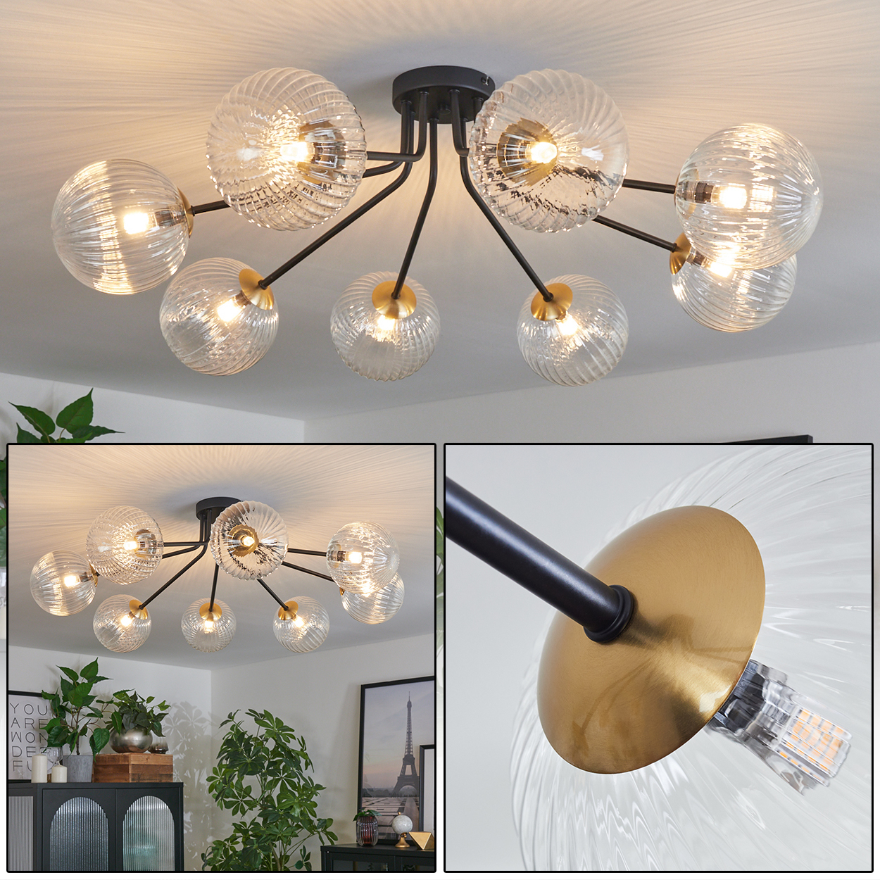 Eine moderne Deckenleuchte mit Glasschirmen und schwarzen Armen. Das Licht ist an und beleuchtet den Raum. Der Hintergrund ist eine weiße Decke.