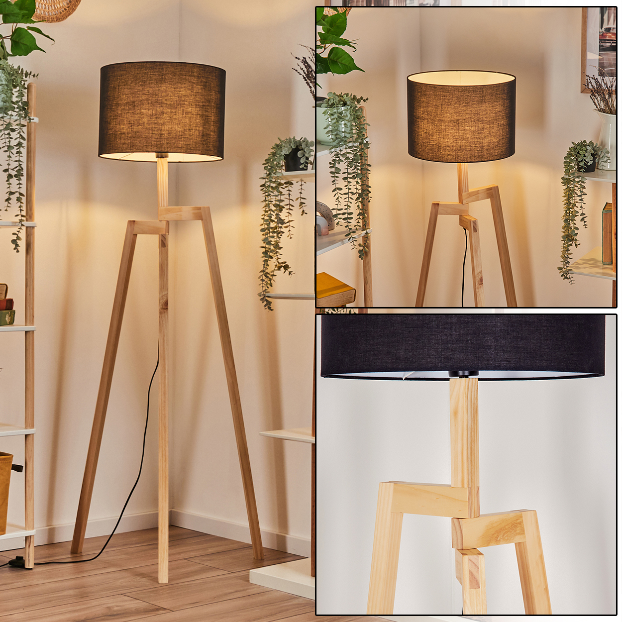 Eine hölzerne Stativ-Stehlampe mit schwarzem Lampenschirm. Im Hintergrund Regale mit Pflanzen. Ein schwarzes Kabel ist sichtbar.