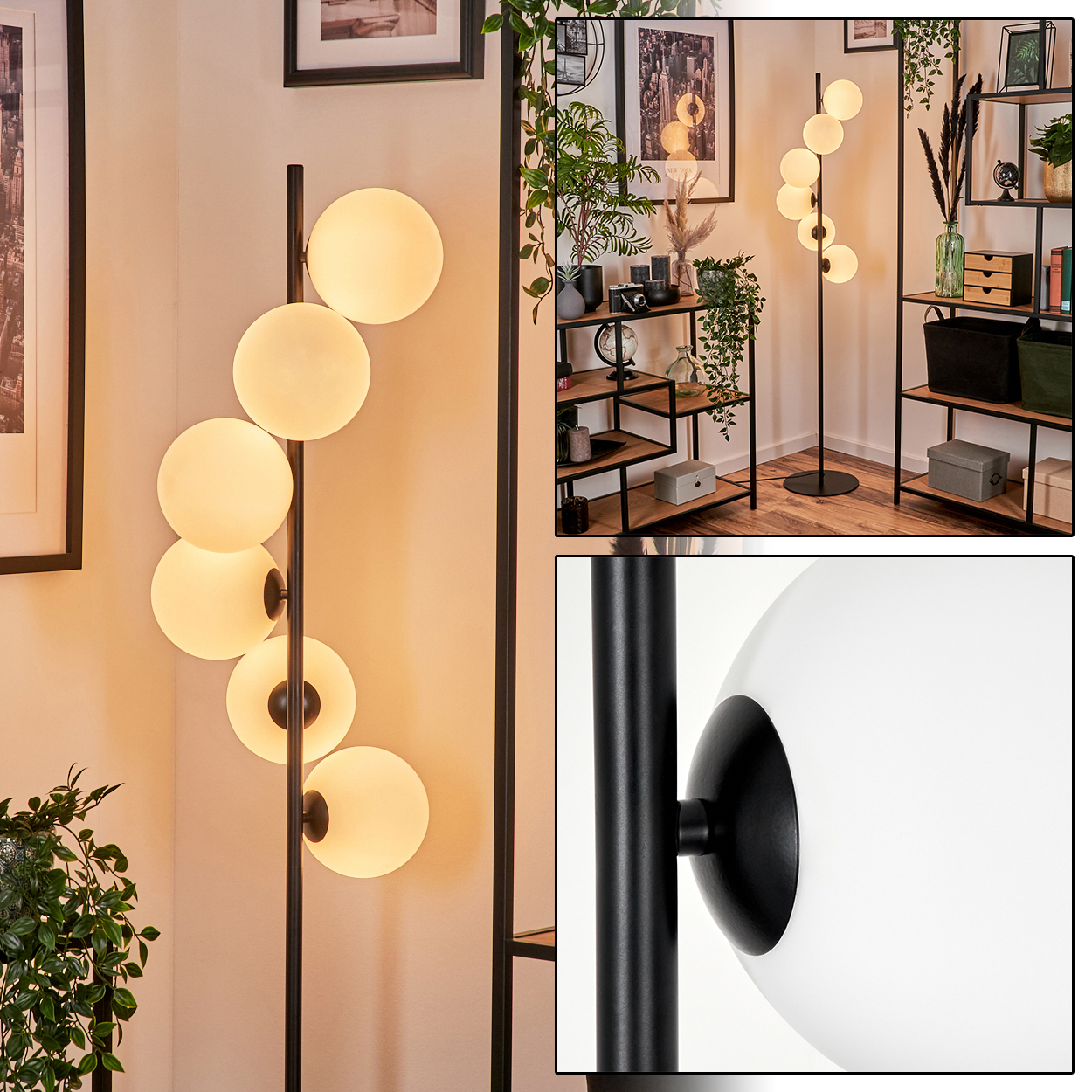 Eine schwarze Stehlampe mit sechs weißen Kugelleuchten. Es ist in einem Raum mit Regalen, Pflanzen und Bildern.