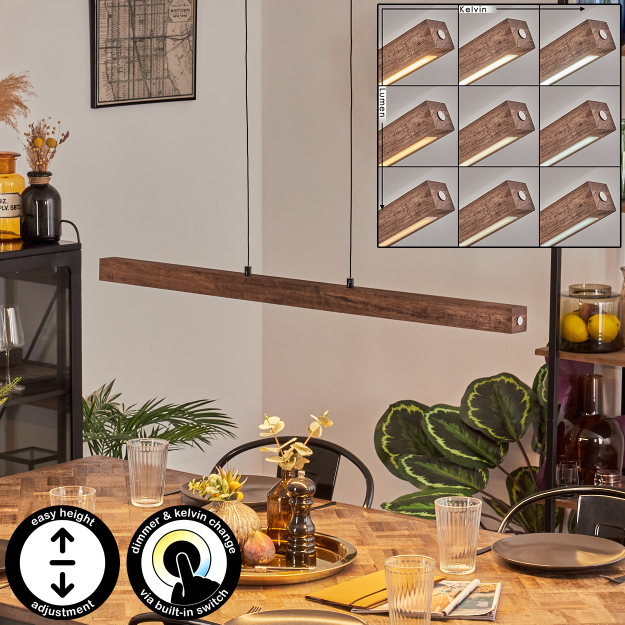 Holz-Pendelleuchte über Holztisch. Pflanzen, Gläser und Dimmschalter im Vordergrund. Beleuchtungsoptionen werden gezeigt.