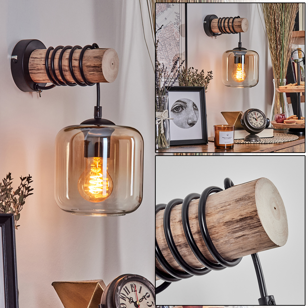 Eine Wandlampe mit Holzbalken, Glasschirm und sichtbarer Glühbirne. Die Szene umfasst auch Dekorationselemente und eine Uhr.