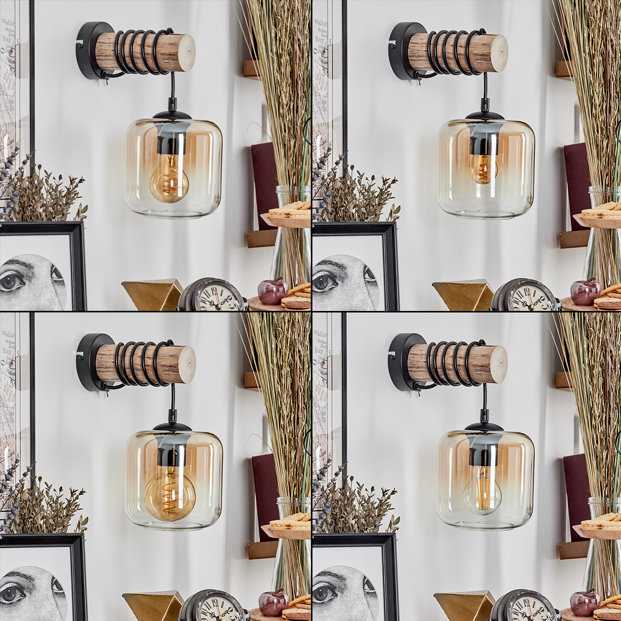 Eine Wandlampe mit Holzsockel und Glasschirm hängt. Ein Bild mit einem Auge, einer Uhr und Dekorationsartikeln an einer weißen Wand.
