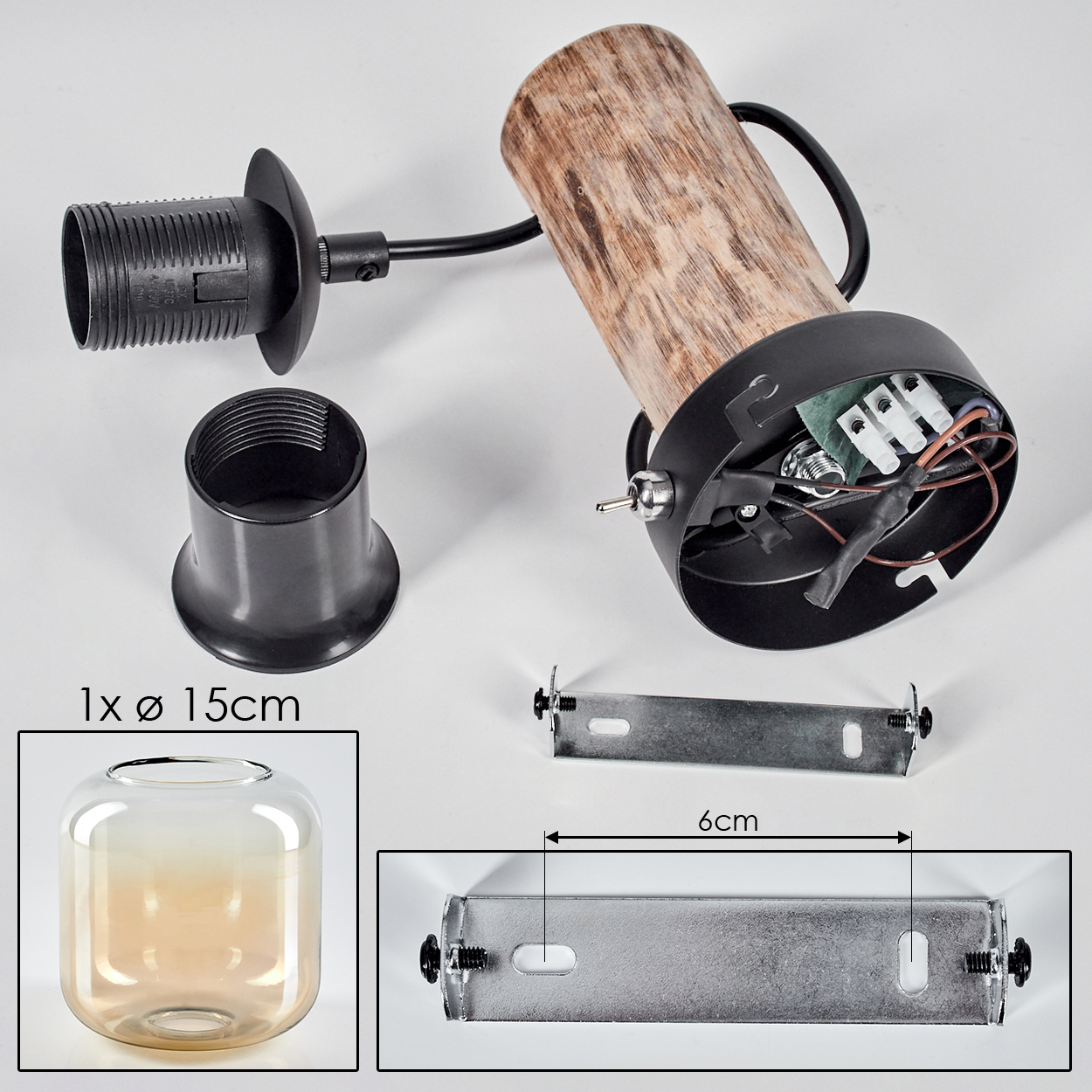 Zerlegte Lampe mit Holzylinder, schwarzen Teilen und Glasschirm. Inklusive Halterungen und Abmessungen. Weißer Hintergrund.