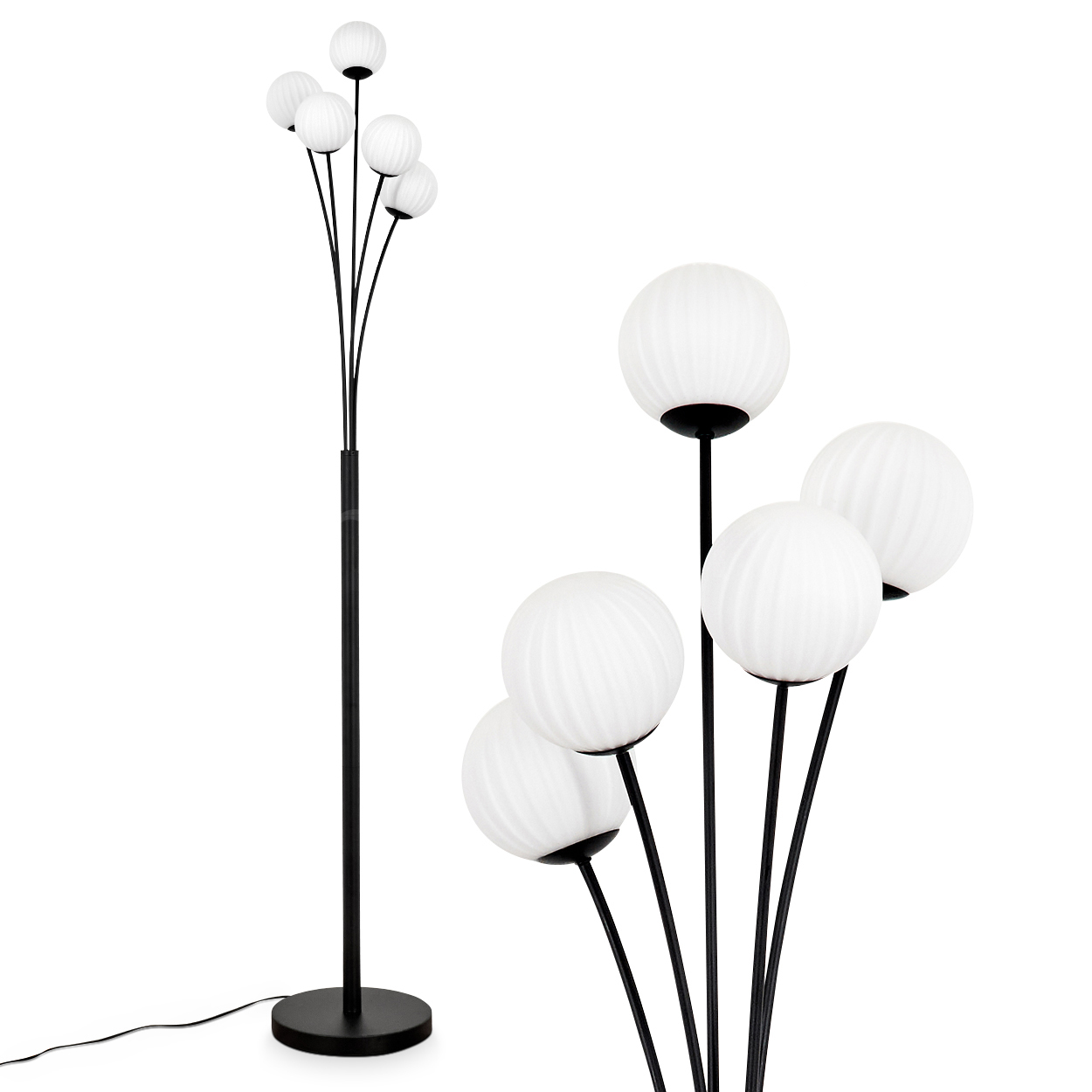 Eine schwarze Stehlampe mit rundem Fuß und mehreren Stielen. Jeder Stiel hält ein weißes, kugelförmiges Licht. Der Hintergrund ist weiß.