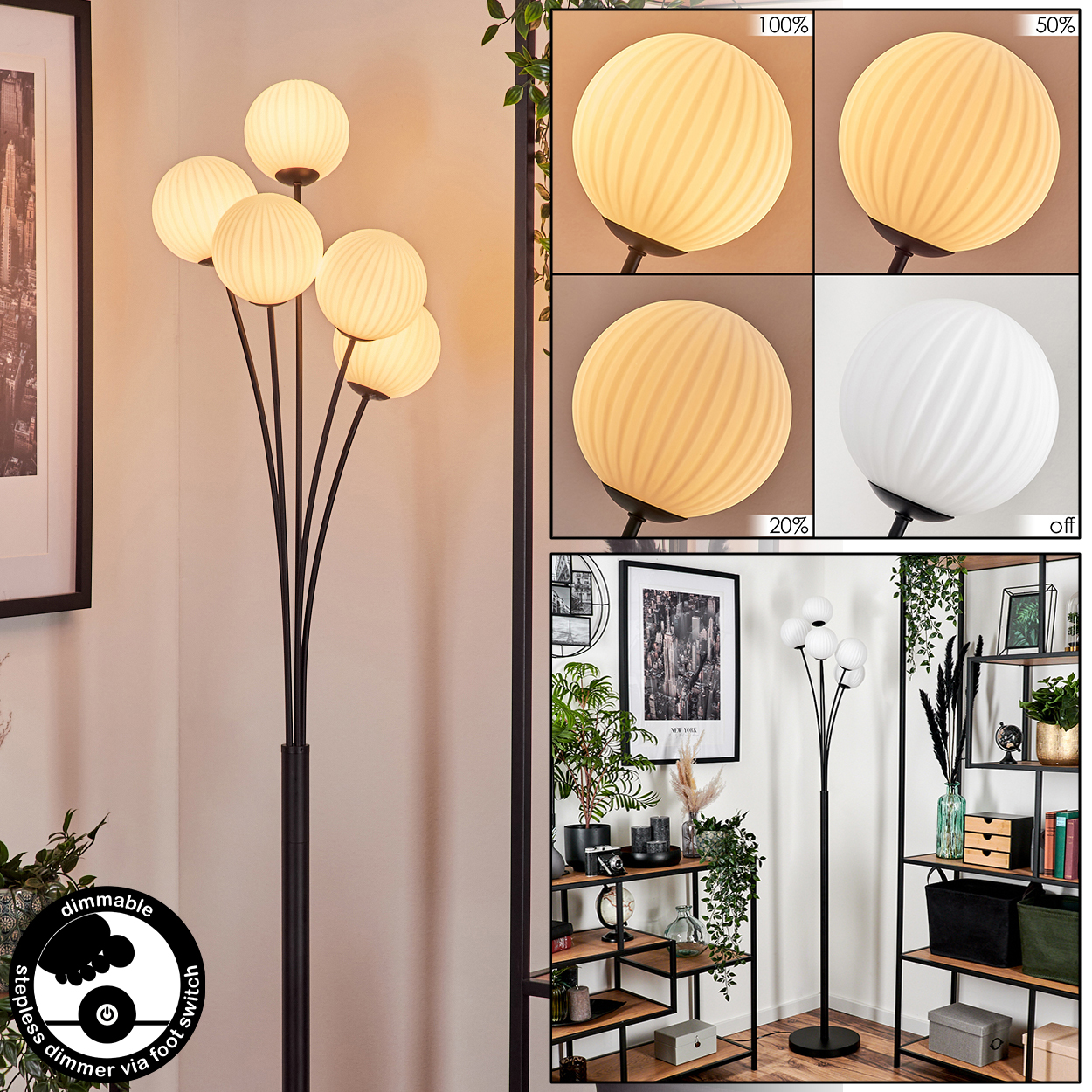 Eine schwarze Stehlampe mit Kugelleuchten. Die Lampe ist dimmbar. Weitere Elemente sind Regale mit Pflanzen und Bildern.