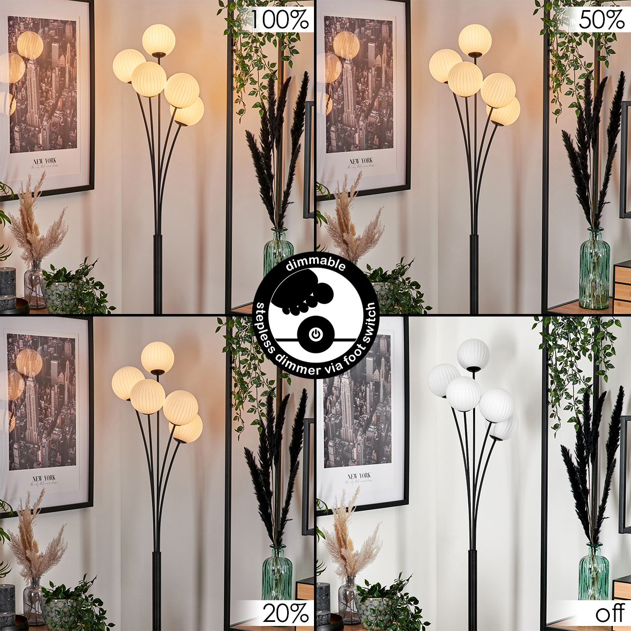 Eine Stehlampe mit 5 Kugellampen. Die Lampe ist schwarz, mit schwarzem Rahmen und weißer Wand. Es gibt auch Dekorationen.