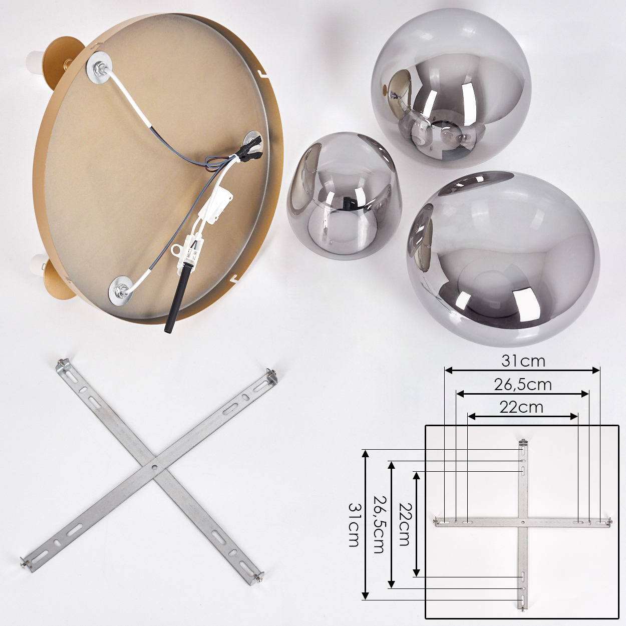 Draufsicht auf eine Deckenlampe mit drei Chromkugeln, einer Montagehalterung und Maßdiagrammen auf weißem Untergrund.
