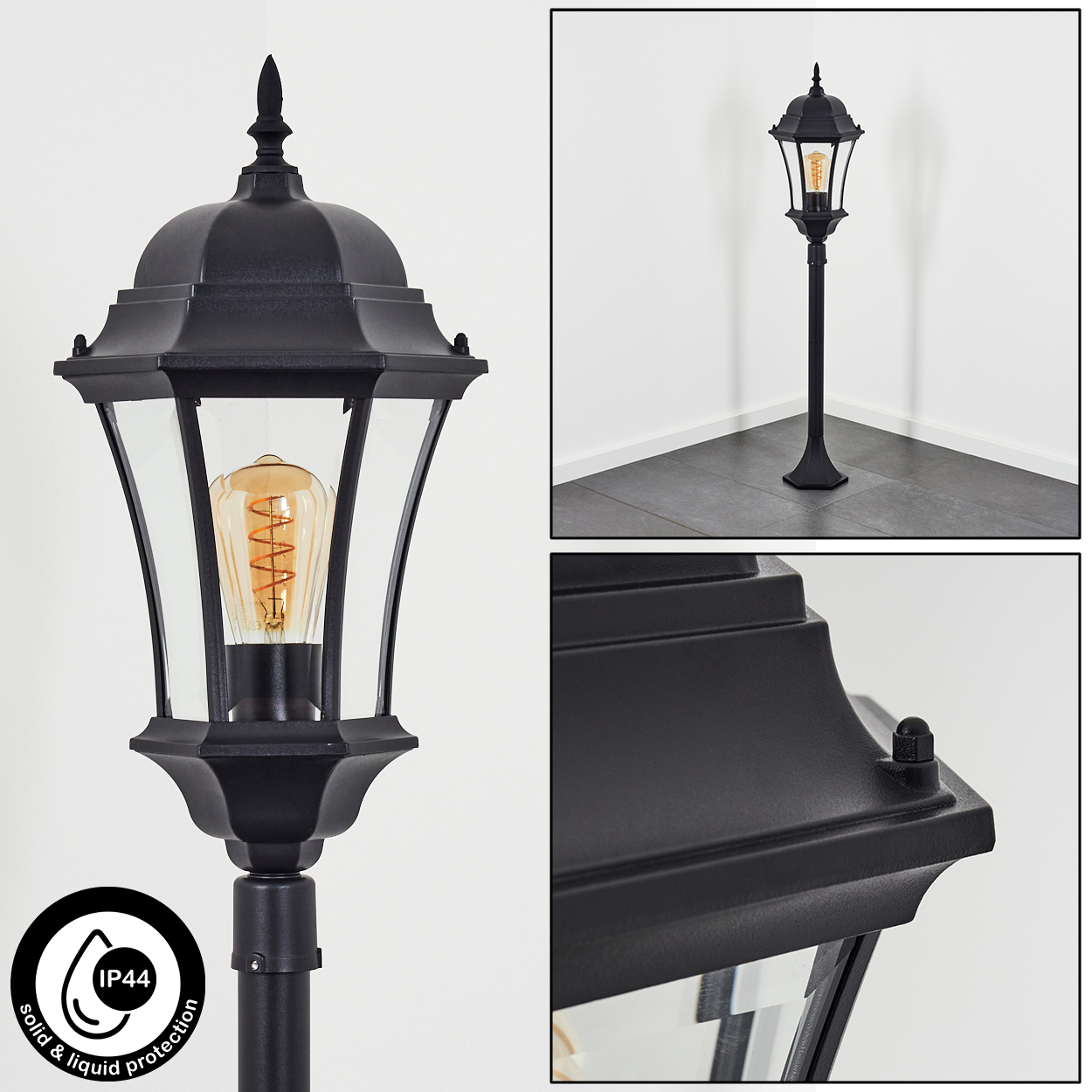 Schwarze Außenlampe mit Glasscheiben, dekorativer Glühbirne und IP44-Schutz. Vor weißem Hintergrund.