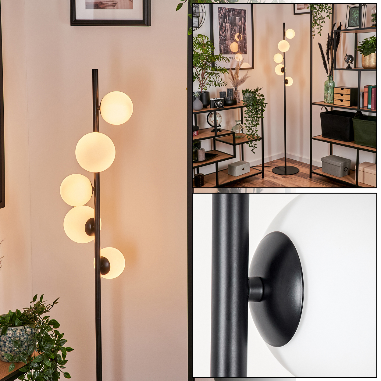 Eine schwarze Stehlampe mit weißen Kugelleuchten. Die Lampe befindet sich in einem Raum mit Regalen, Pflanzen und Bildern.