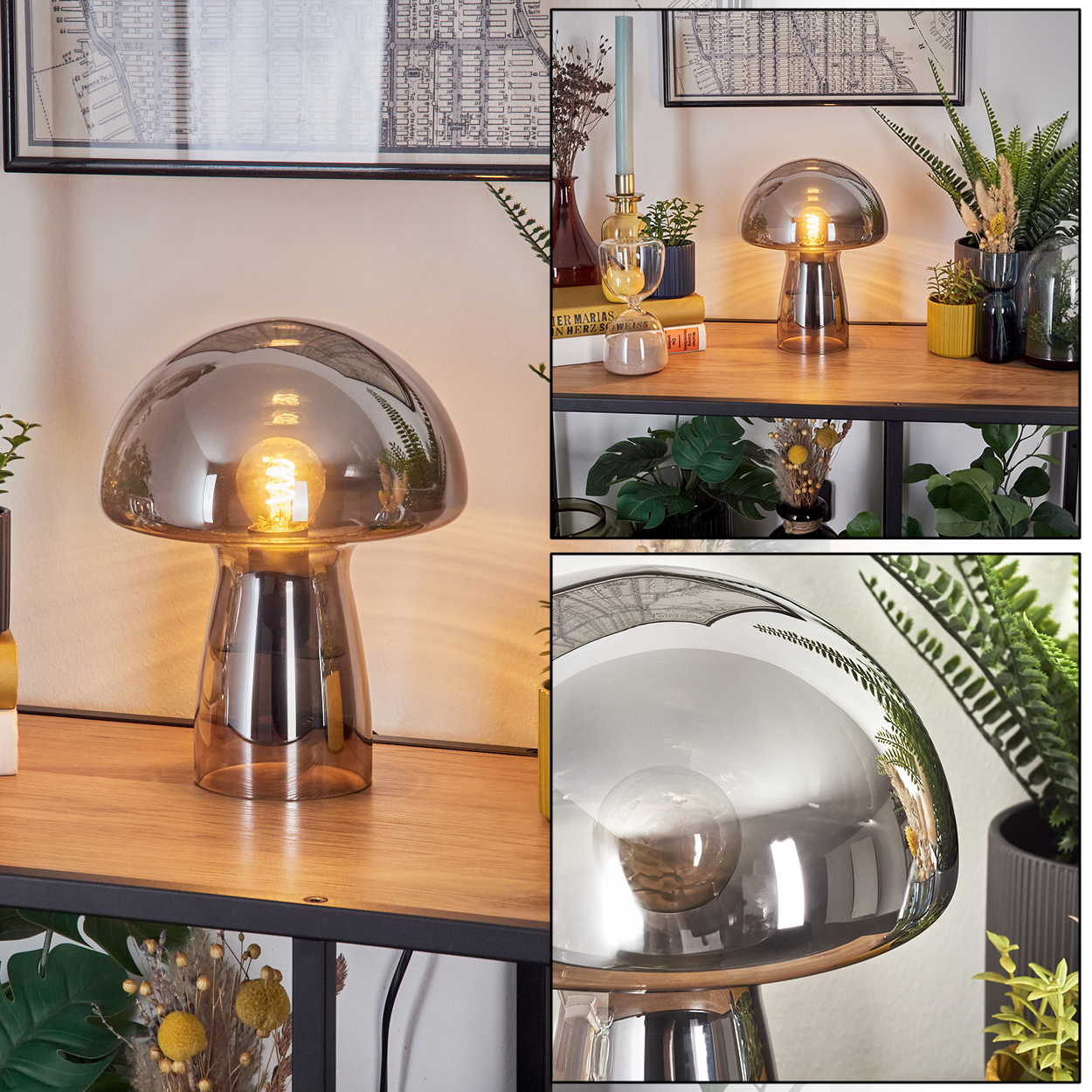Eine pilzförmige Tischlampe mit eingeschalteter Glühbirne steht auf einem Holzregal mit Pflanzen und einer Karte im Hintergrund.