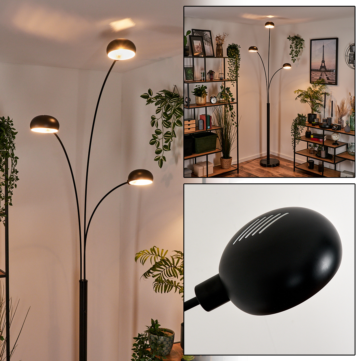 Eine schwarze Stehlampe mit drei Lichtern beleuchtet einen Raum mit Pflanzen und Regalen. Details zeigen den Lampenkopf und die Raumdekoration.