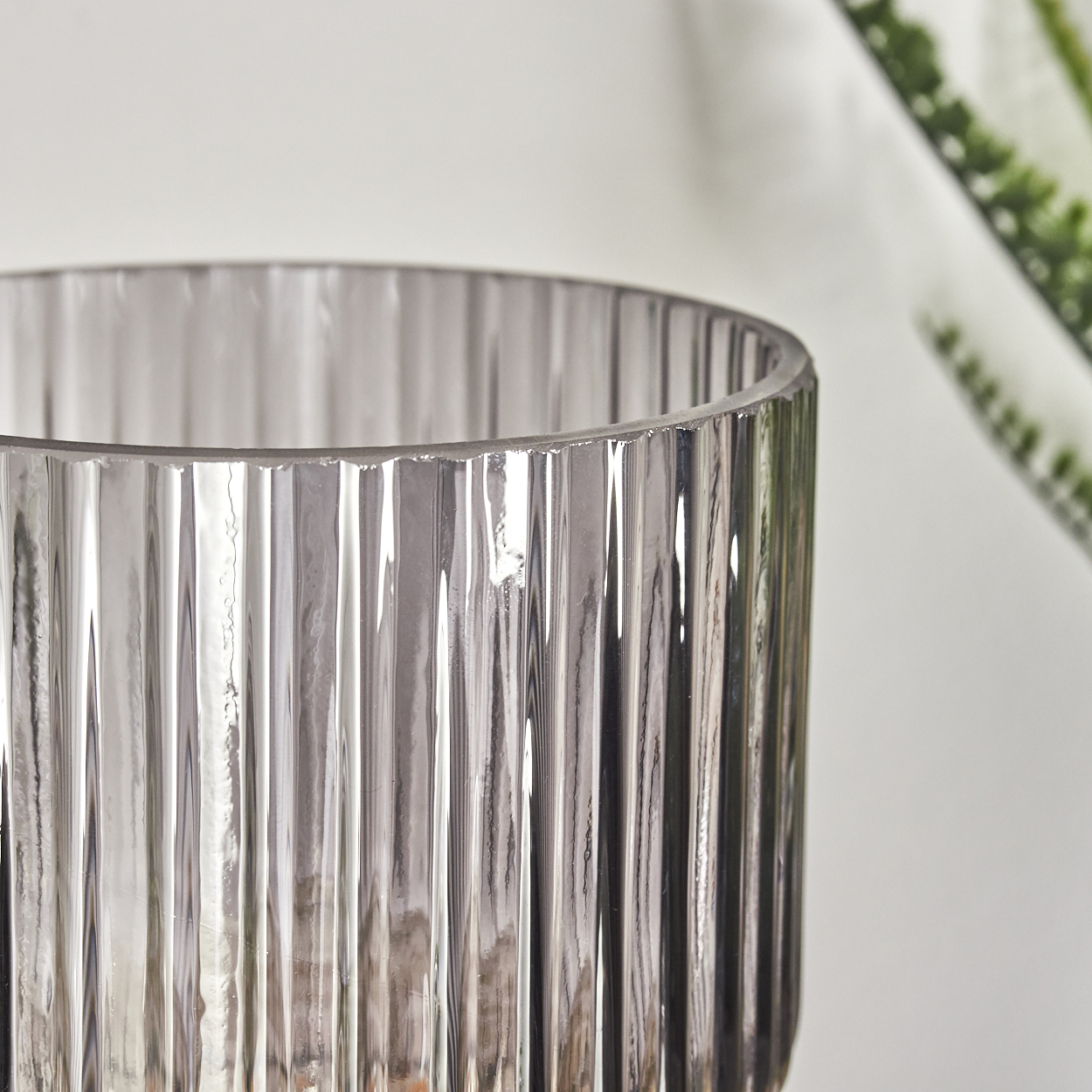 Nahaufnahme eines transparenten, geriffelten Glases. Der Hintergrund ist unscharf, mit einer weißen Oberfläche und grünen Pflanzen.