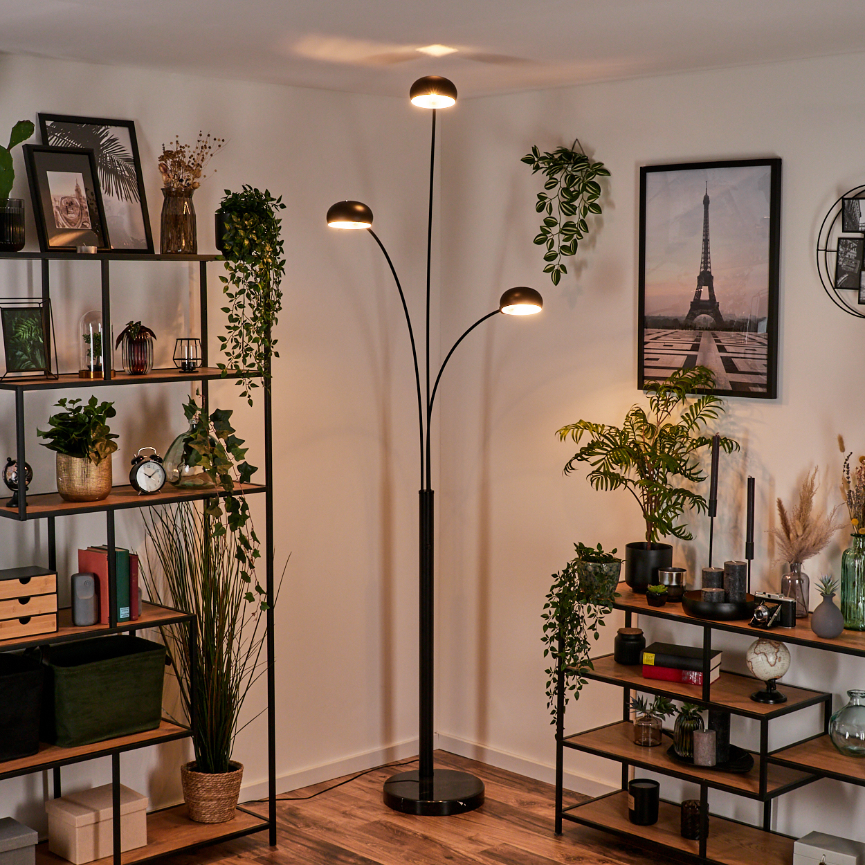 Eine Zimmerecke mit Regalen, Pflanzen und einer Stehlampe. Die Lampe hat drei Lichter. Ein Bild des Eiffelturms hängt an der Wand.
