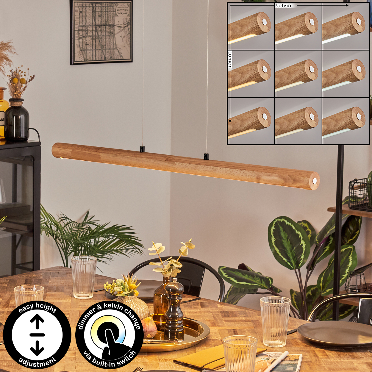 Eine Holz-Pendelleuchte hängt über einem Tisch mit Gläsern und Deko. Ein Diagramm zeigt Lichteinstellungen.
