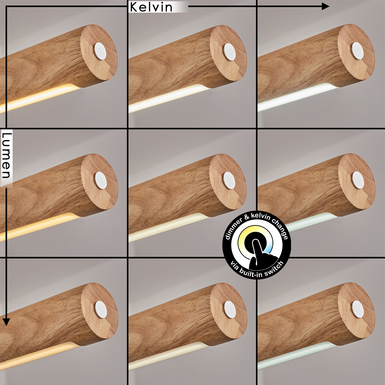 Holzlampe mit einstellbarem Licht. Zeigt Variationen in Kelvin- und Lumen-Einstellungen und einen eingebauten Schalter.