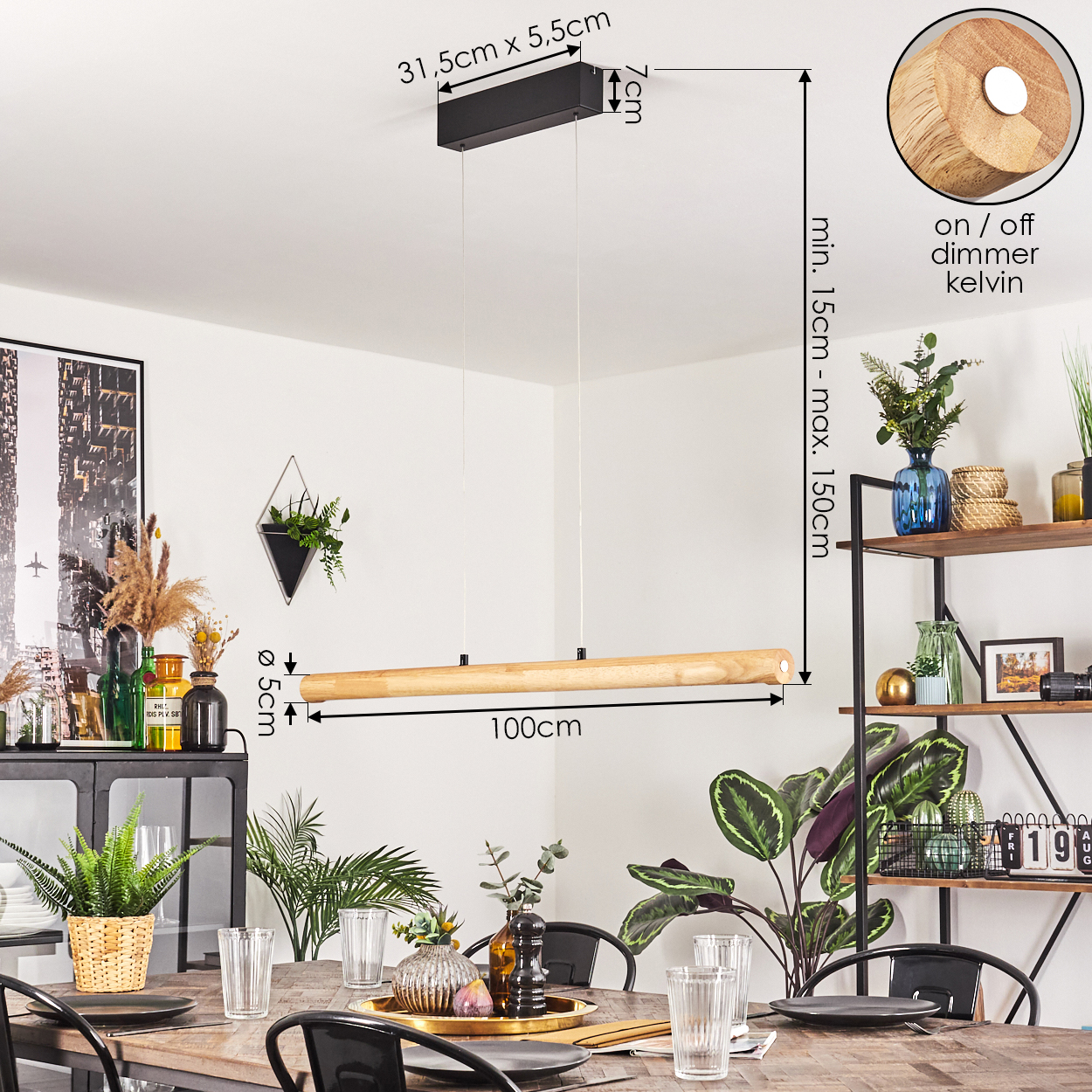 Holz-Pendelleuchte über einem Esstisch. Pflanzen, Gläser und andere Dekorationen auf Tisch und Regalen.