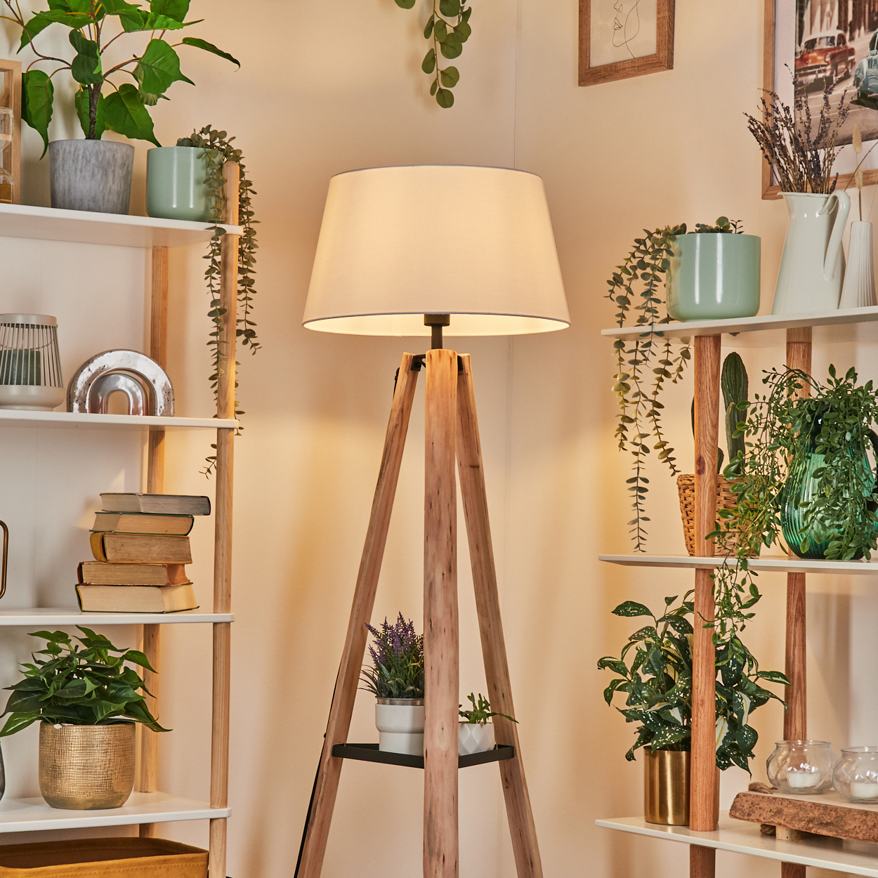 Eine Zimmerecke mit Regalen und Pflanzen. In der Mitte steht eine hölzerne Stativlampe. Bücher und Dekorationen sind sichtbar.