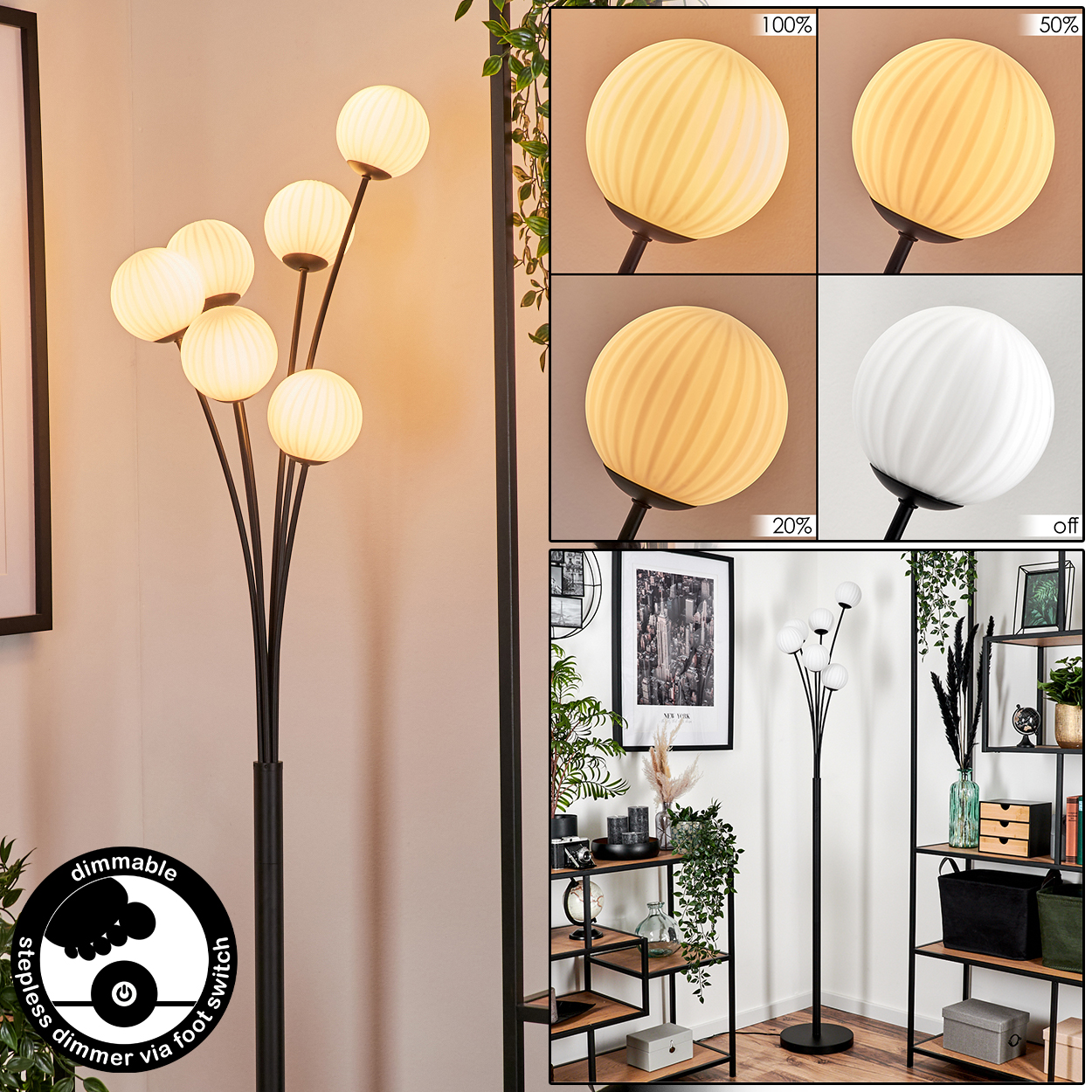 Eine schwarze Stehlampe mit sechs weißen Kugelleuchten. Die Lampe ist dimmbar, mit verschiedenen Lichteinstellungen.