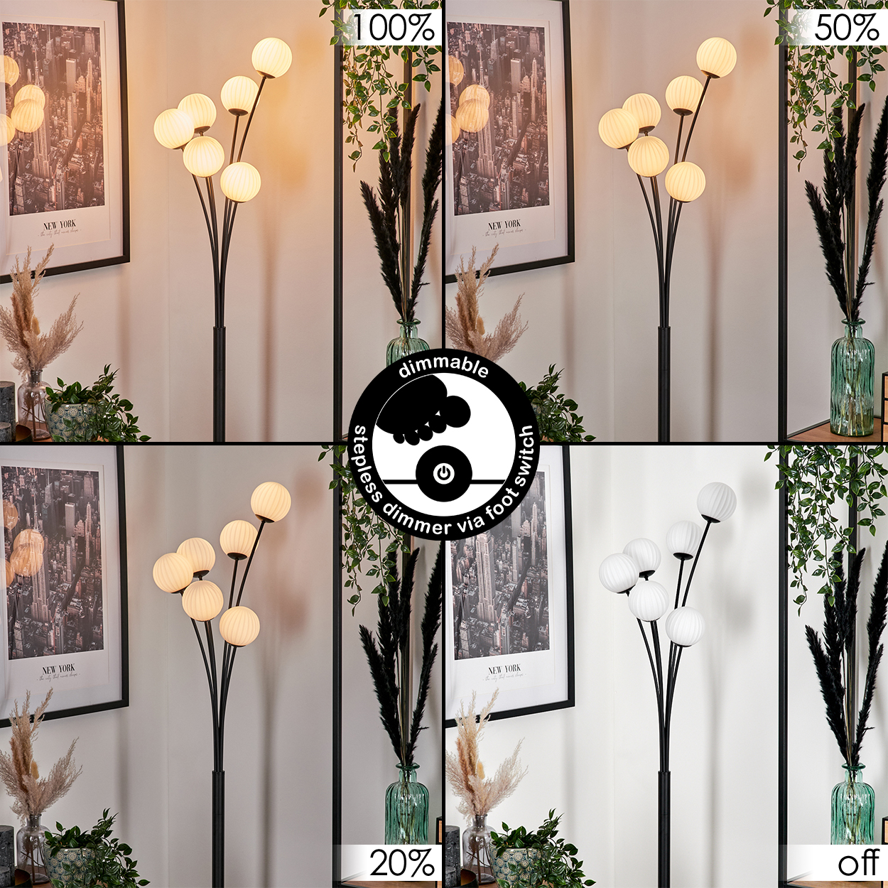 Eine Stehlampe mit kugelförmigen Lichtern wird in verschiedenen Helligkeitsstufen gezeigt. Die Szene umfasst Dekorationen und ein 'New York'-Poster.