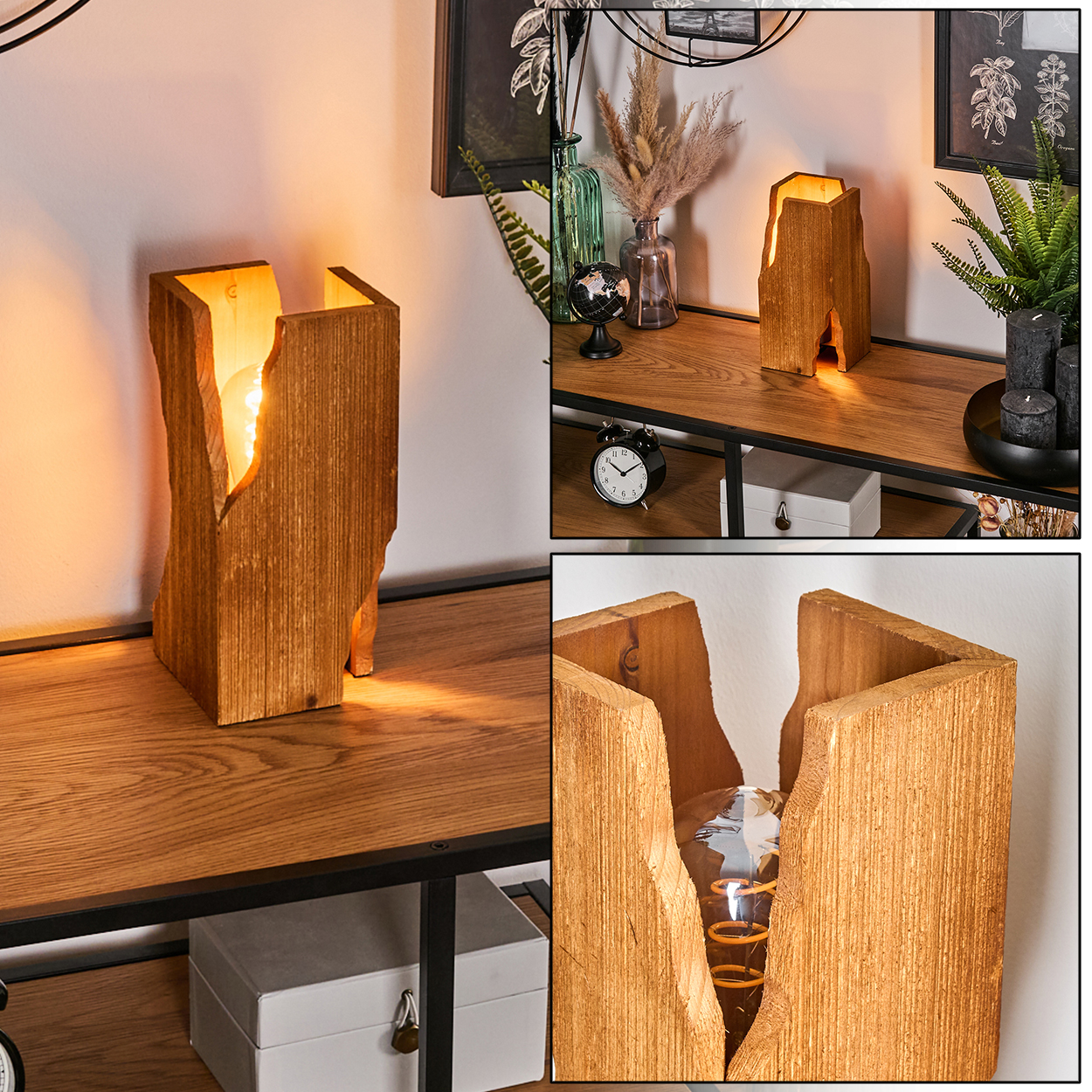Eine Holzlampe mit Glühbirne steht auf einem Holzregal. Weitere Dekorationsartikel befinden sich im Hintergrund.