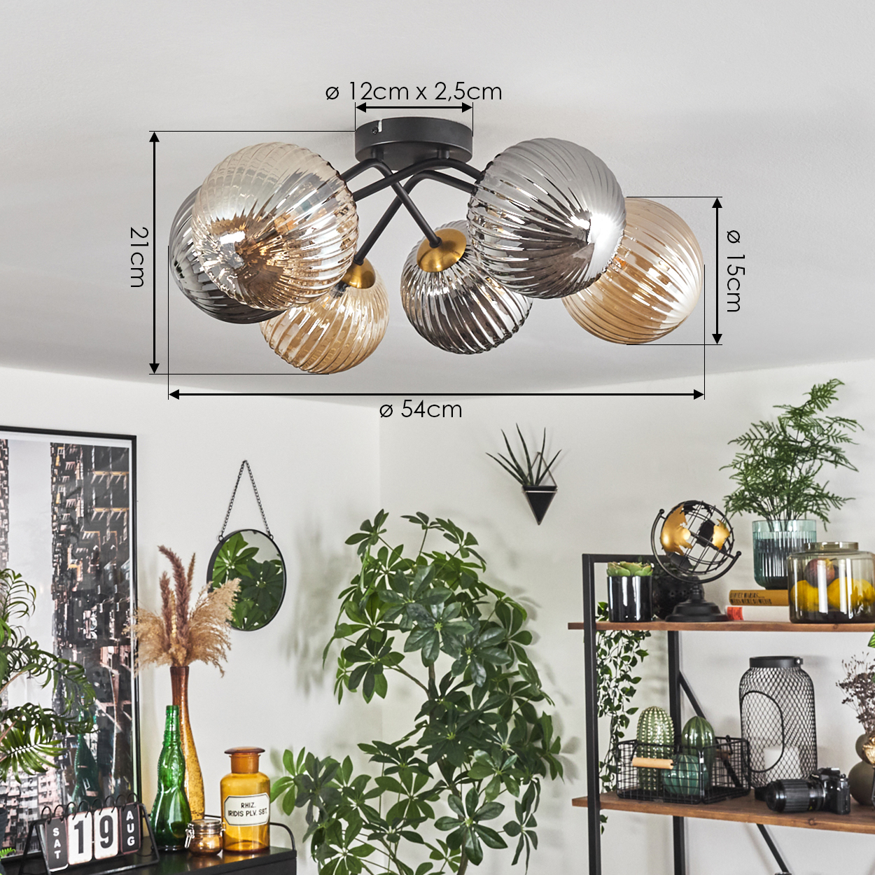 Eine Deckenlampe mit Glaskugeln. Der Raum hat Pflanzen, Regale und einen Spiegel. Maße sind auf dem Bild angegeben.