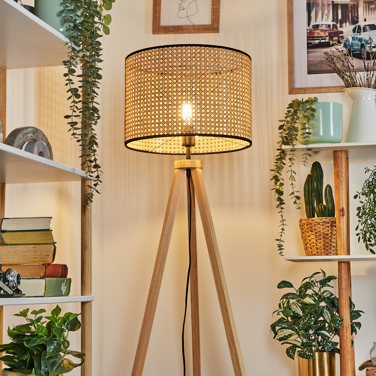 Eine Holz-Stativlampe mit gewebtem Schirm ist beleuchtet. Regale mit Büchern und Pflanzen flankieren sie. Bilder hängen an der Wand.