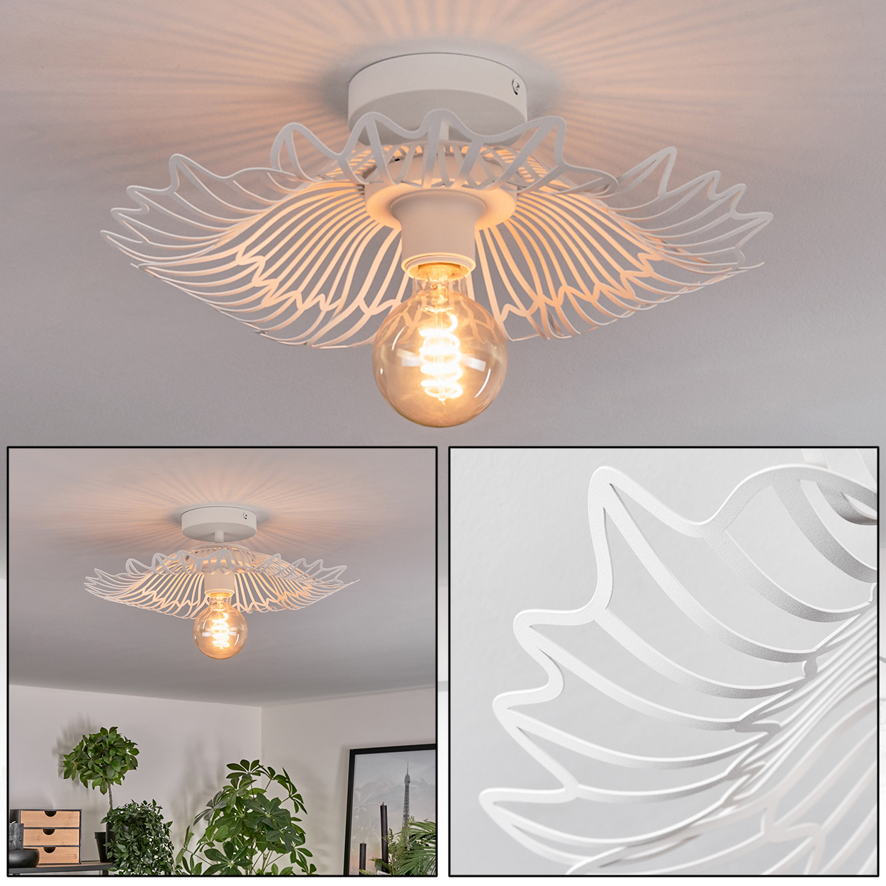 Eine weiße Deckenleuchte mit floralem Design. Eine leuchtende Glühbirne hängt herunter. Der Hintergrund zeigt einen Raum mit Pflanzen und einem gerahmten Bild.