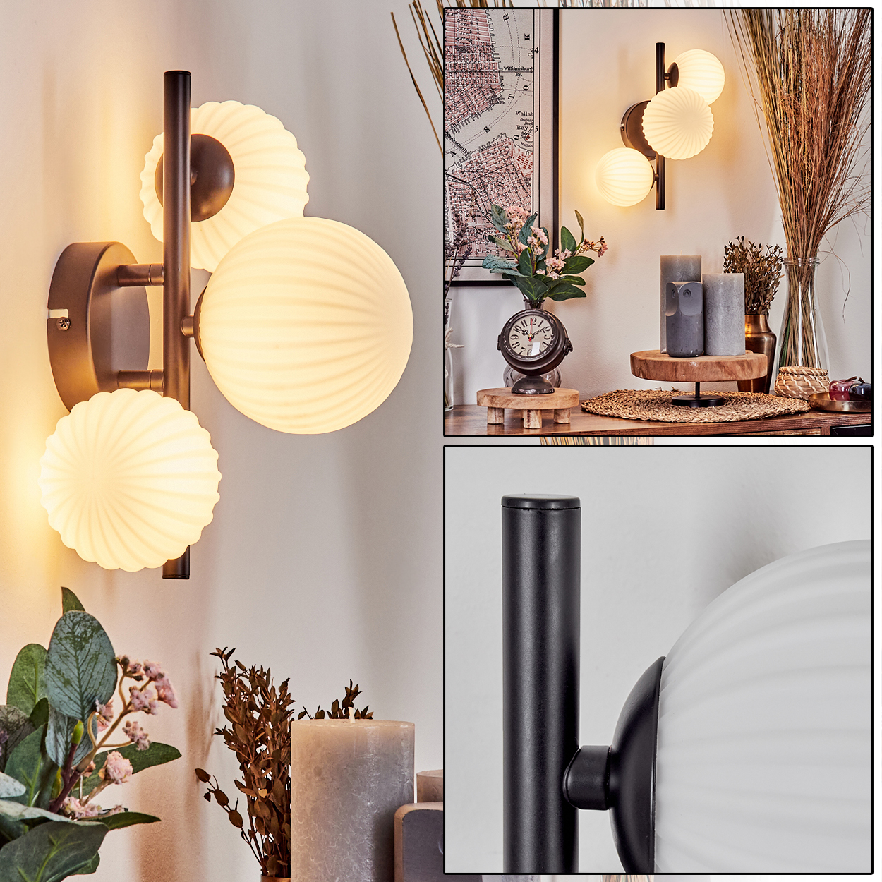 Eine Wandlampe mit drei weißen Kugelleuchten ist an einer hellen Wand montiert. Der Hintergrund zeigt Dekorationen und eine Karte.