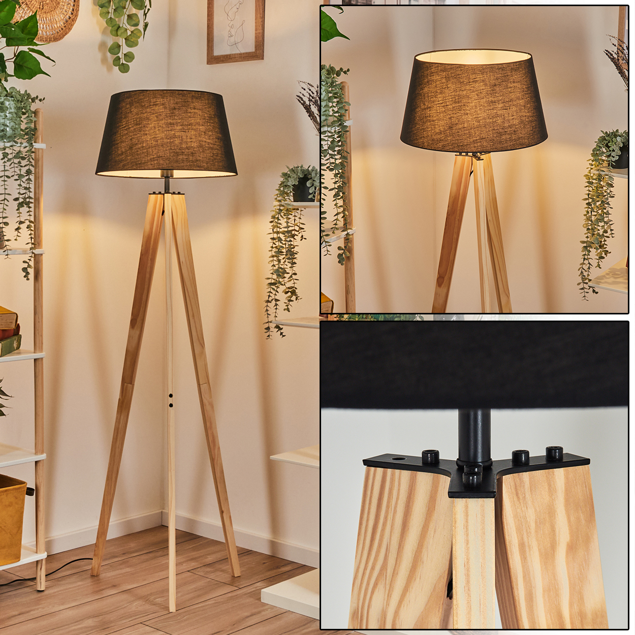 Eine hölzerne Stativ-Stehlampe mit schwarzem Lampenschirm. Im Hintergrund Pflanzen, Regale und ein gerahmtes Bild.