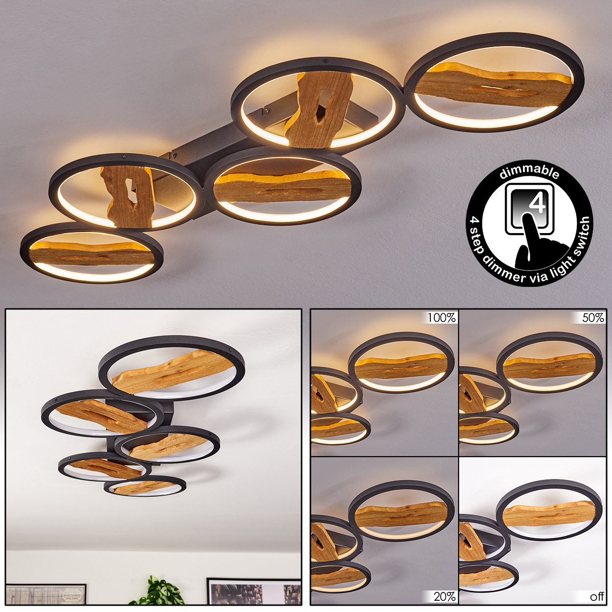 Deckenleuchte mit schwarzen Ringen, Holzakzenten und Dimmoptionen. Zeigt verschiedene Lichtintensitäten und ein Schaltersymbol.