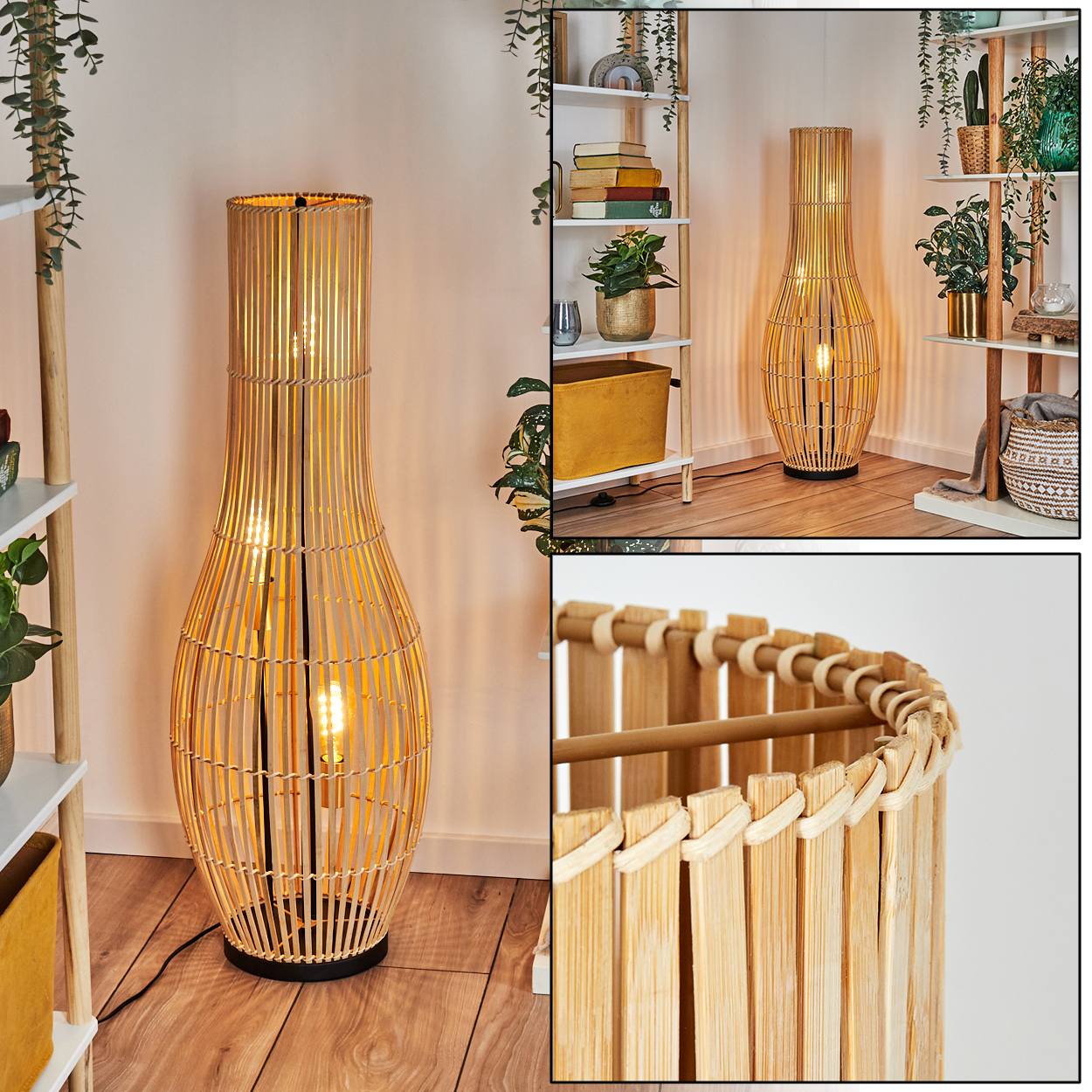 Eine Bambus-Stehlampe leuchtet und zeigt ihr gewebtes Design. Regale mit Pflanzen und Dekoration befinden sich im Hintergrund, zusammen mit Holzböden.