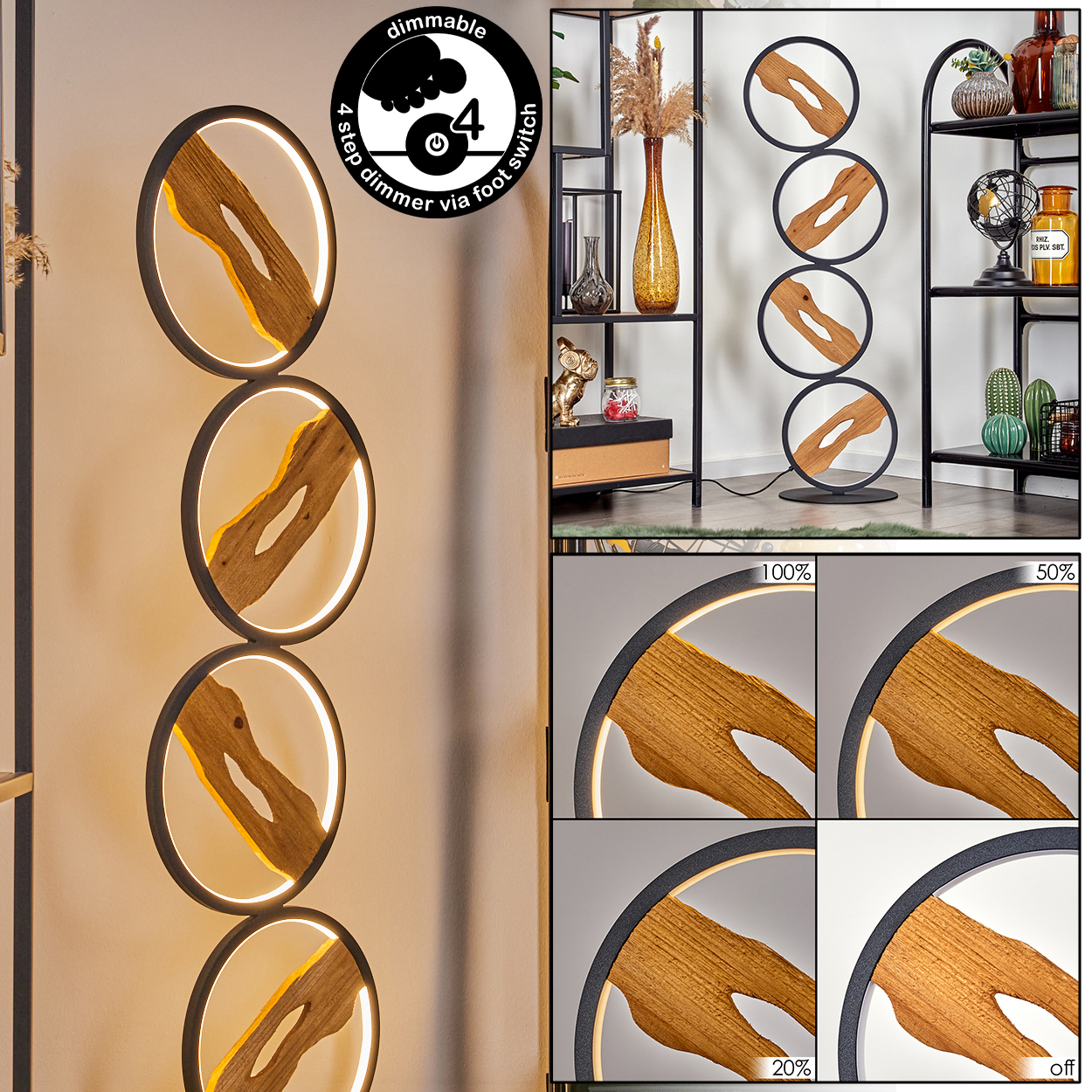 Moderne Stehlampe mit Holz und kreisförmigen Lichtern. Sie hat einen Dimmschalter. Der Hintergrund zeigt Regale und Dekorationsartikel.