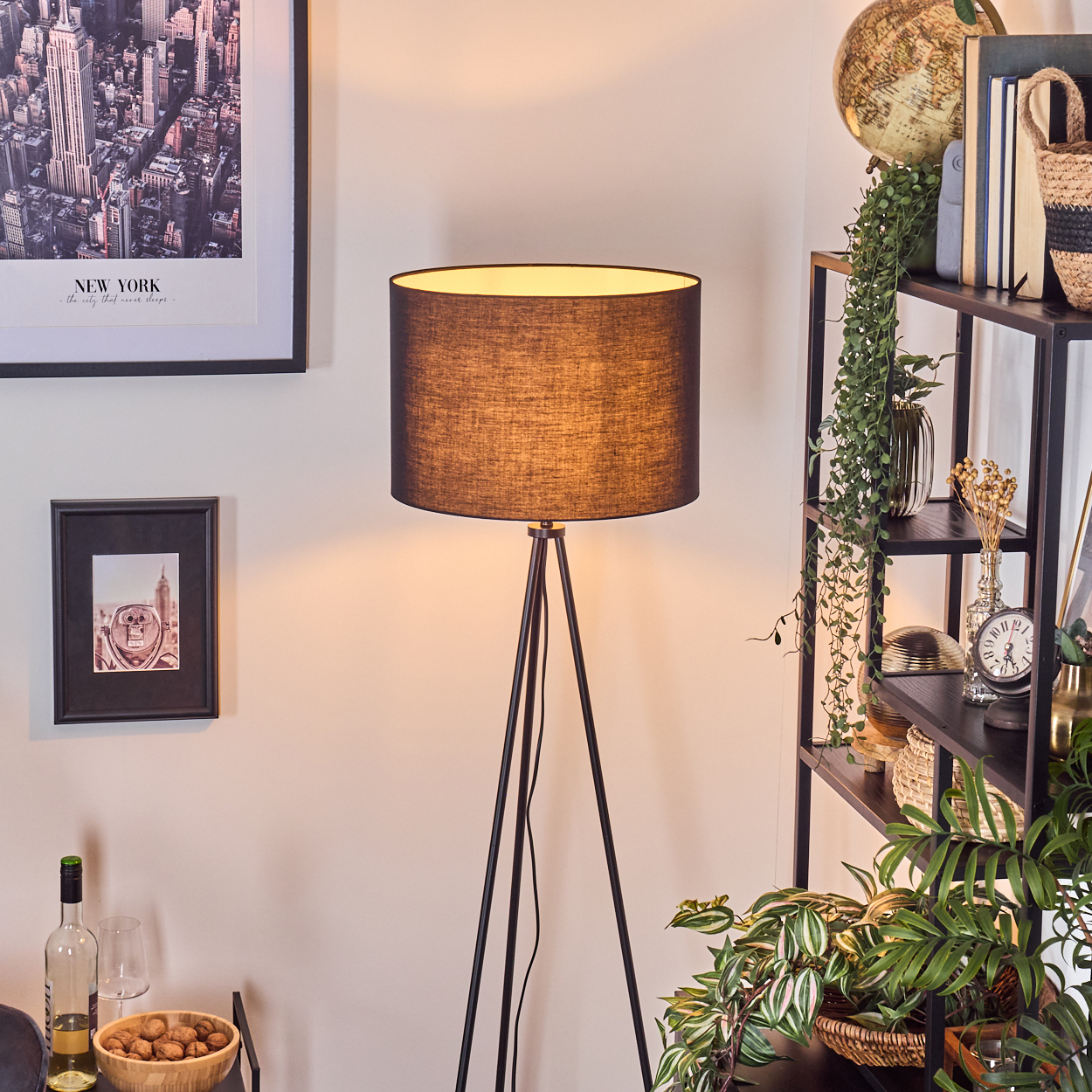 Eine schwarze Stehlampe mit Lampenschirm steht in einem Raum. Ein Regal mit Pflanzen, Büchern und einem Globus ist sichtbar.